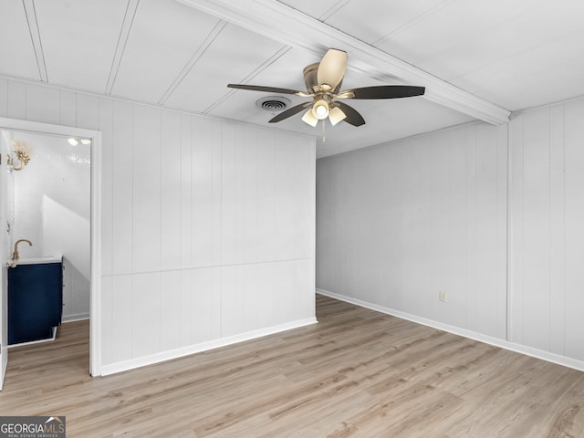 empty room with beam ceiling, ceiling fan, and light hardwood / wood-style flooring