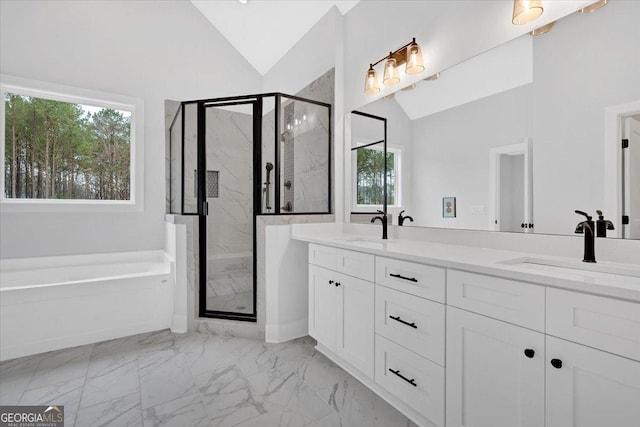 bathroom with lofted ceiling, plus walk in shower, and vanity