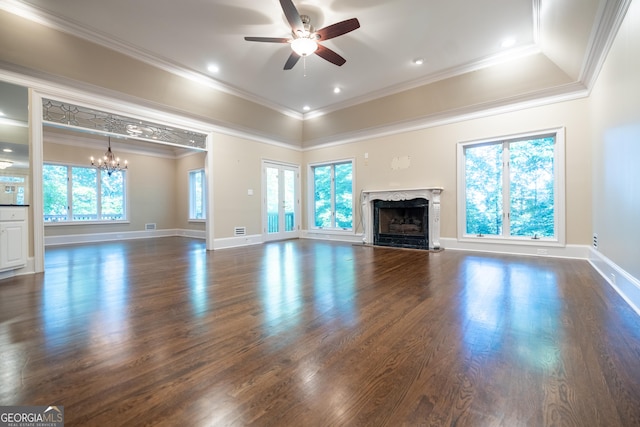 unfurnished living room featuring a raised ceiling, a fireplace, and plenty of natural light