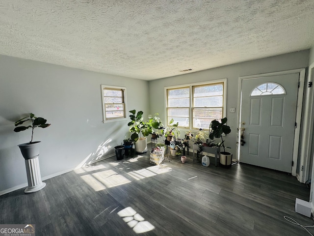 entryway with a textured ceiling and dark hardwood / wood-style floors