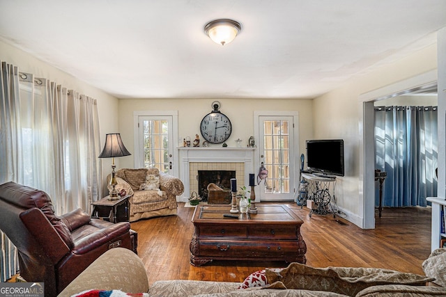 living room with a fireplace and hardwood / wood-style floors