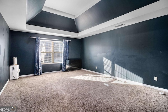 spare room featuring carpet, a high ceiling, and a tray ceiling