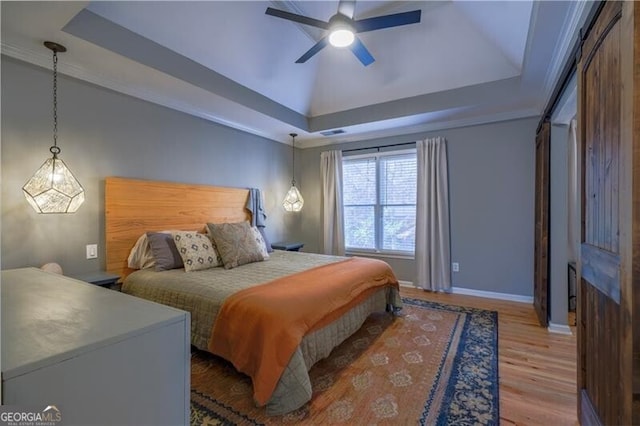 bedroom with a raised ceiling, ceiling fan, and hardwood / wood-style flooring