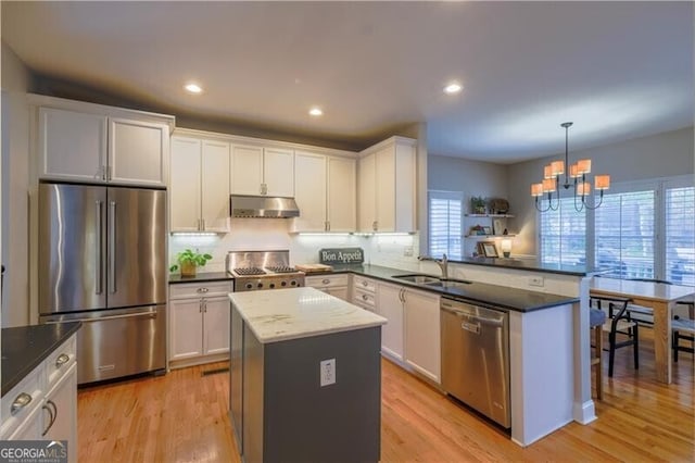 kitchen with white cabinets, a kitchen island, pendant lighting, and appliances with stainless steel finishes