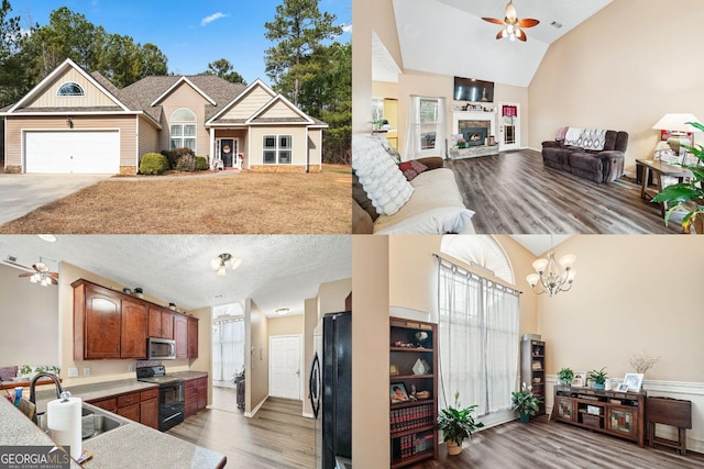 kitchen featuring hardwood / wood-style floors, sink, black appliances, and ceiling fan with notable chandelier