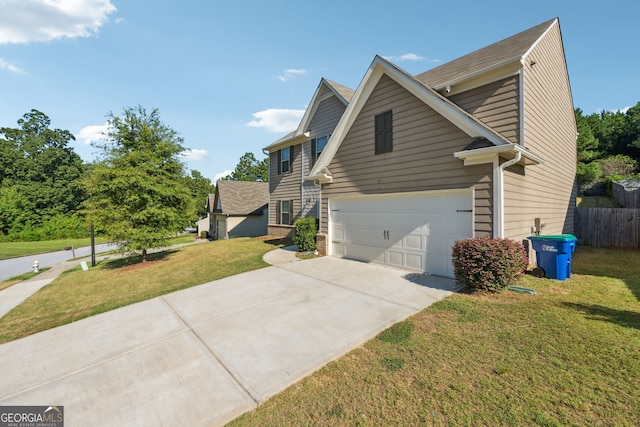 view of property exterior featuring a garage and a lawn