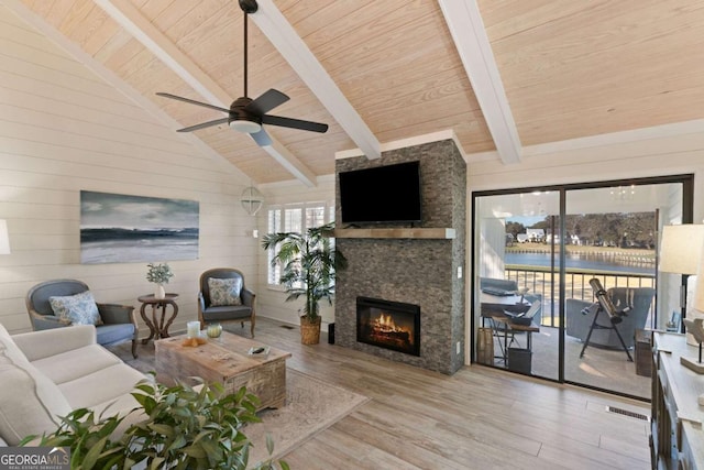 living room with light wood-type flooring, wooden walls, and beamed ceiling