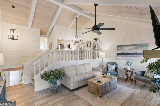 living room with ceiling fan, high vaulted ceiling, beamed ceiling, and hardwood / wood-style flooring