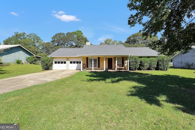 single story home featuring a garage, a porch, and a front yard