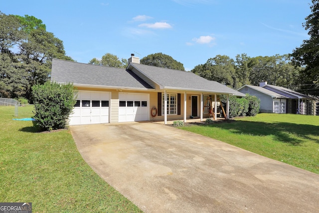 ranch-style house with a garage, a porch, and a front yard