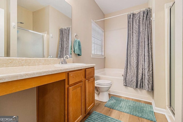 bathroom with vanity, wood-type flooring, and toilet