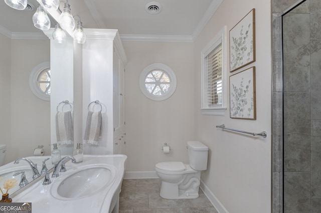 bathroom with sink, tile patterned flooring, ornamental molding, and toilet