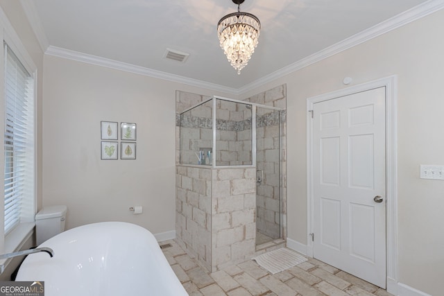 bathroom with ornamental molding, shower with separate bathtub, toilet, and a notable chandelier