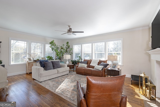 living room with ceiling fan, dark hardwood / wood-style flooring, and ornamental molding