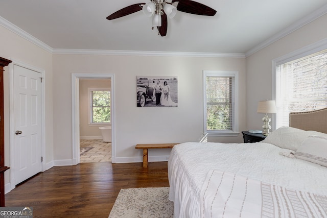 bedroom with ceiling fan, dark wood-type flooring, and multiple windows