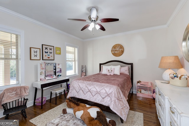 bedroom featuring ceiling fan, dark hardwood / wood-style flooring, and ornamental molding