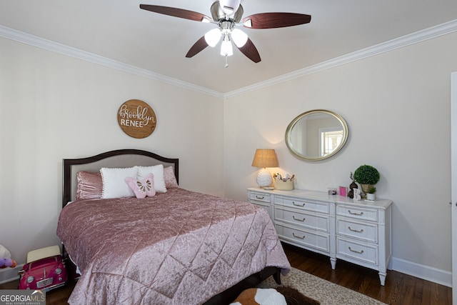 bedroom with ceiling fan, dark hardwood / wood-style floors, and crown molding