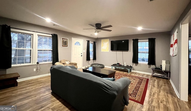 living room featuring ceiling fan and wood-type flooring