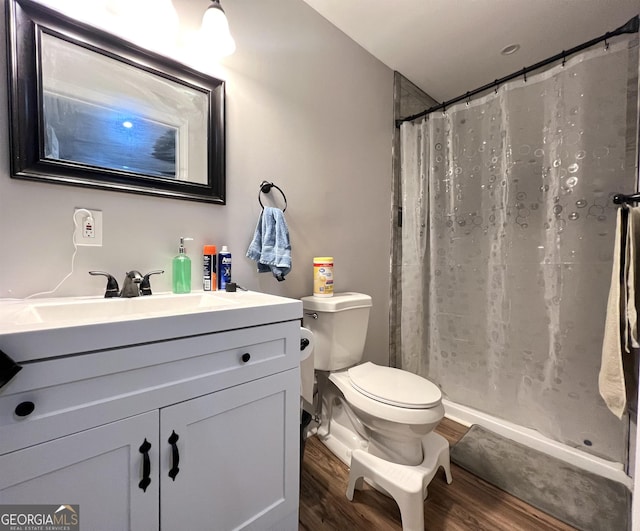 bathroom featuring vanity, wood-type flooring, and toilet