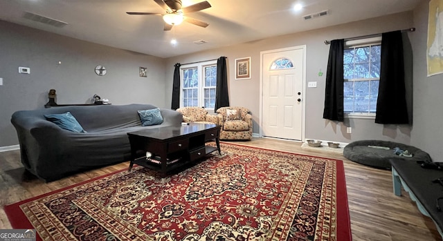 living room with ceiling fan and wood-type flooring