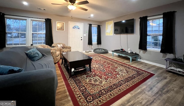 living room with ceiling fan and hardwood / wood-style flooring