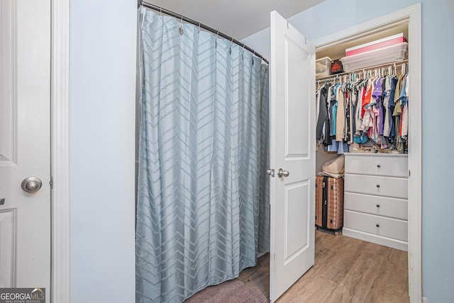 bathroom with hardwood / wood-style floors