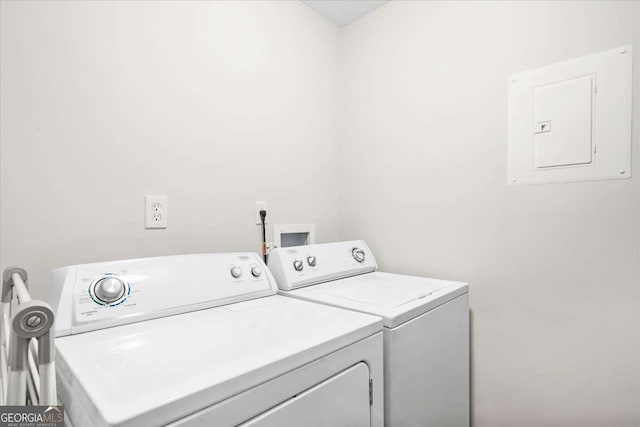 laundry area with electric panel and washer and clothes dryer