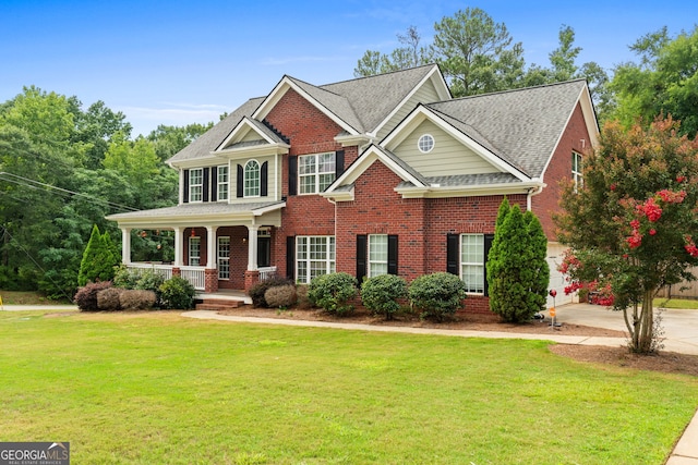 craftsman-style house featuring a garage, a porch, and a front yard