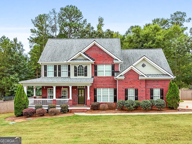 view of front of home with a porch and a front yard