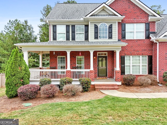 view of front facade featuring covered porch and a front lawn