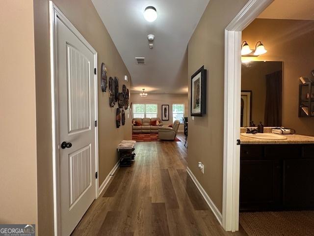 hall featuring sink and dark wood-type flooring