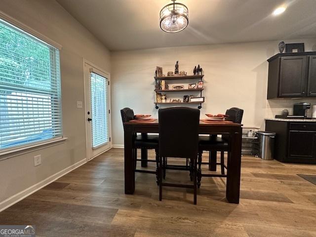 dining space featuring wood-type flooring