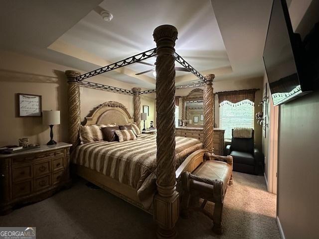 carpeted bedroom featuring a tray ceiling