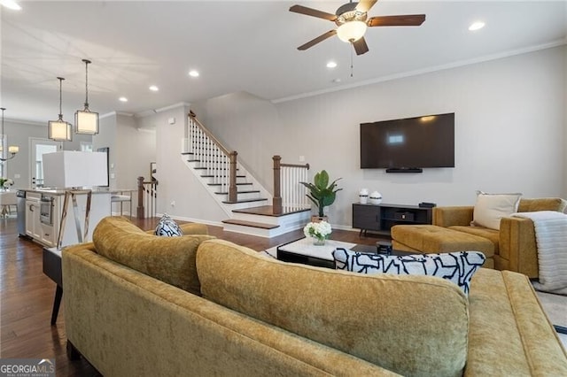 living room with crown molding, ceiling fan, and dark wood-type flooring