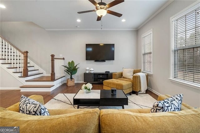 living room featuring ceiling fan, hardwood / wood-style floors, and ornamental molding