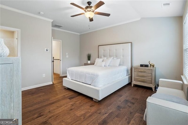 bedroom with ceiling fan, crown molding, dark wood-type flooring, and vaulted ceiling