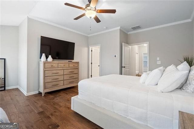 bedroom with dark wood-type flooring, ceiling fan, and ornamental molding