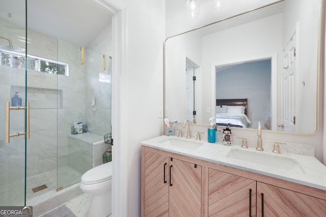 bathroom featuring vanity, toilet, and a shower with door