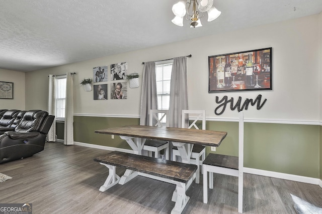 dining space featuring plenty of natural light, a textured ceiling, and wood finished floors