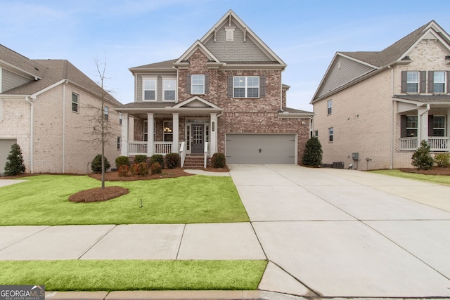 craftsman inspired home with a porch, a garage, and a front yard