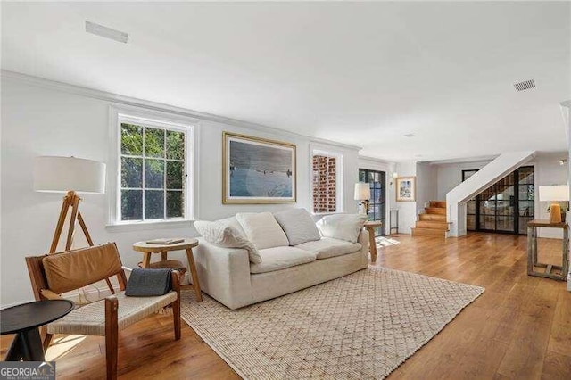 living room featuring hardwood / wood-style floors and ornamental molding