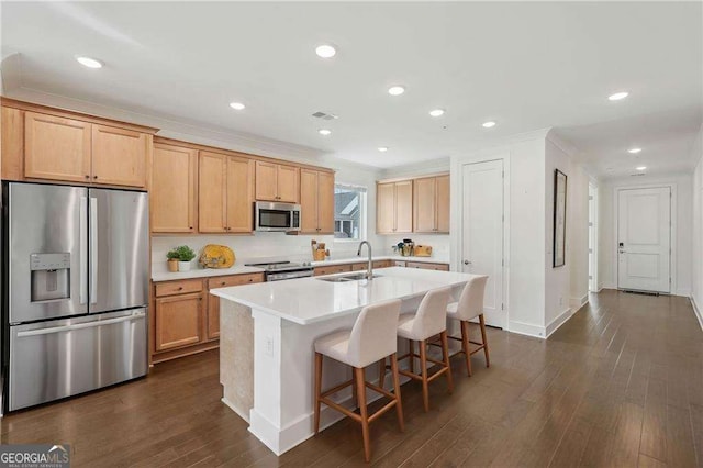 kitchen with stainless steel appliances, sink, ornamental molding, a breakfast bar area, and a center island with sink