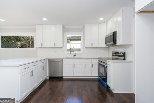 kitchen with white cabinets, decorative backsplash, stainless steel appliances, and sink