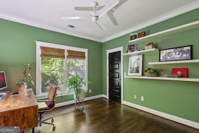 office space featuring ceiling fan, dark hardwood / wood-style flooring, and ornamental molding