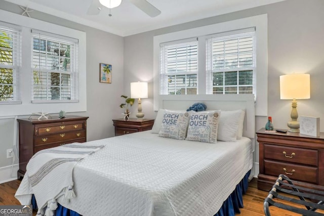 bedroom with multiple windows, ceiling fan, and wood-type flooring