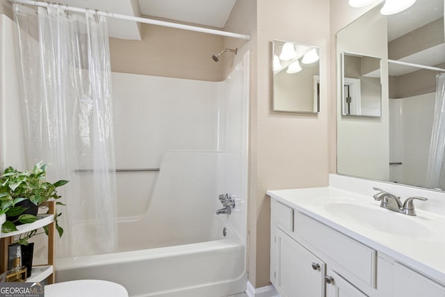 full bathroom featuring shower / bath combination with curtain, toilet, and vanity