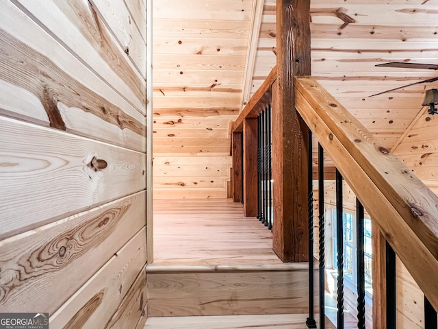 staircase with wood-type flooring and wooden walls