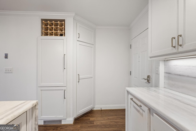 interior space featuring light countertops, dark wood finished floors, white cabinetry, and crown molding