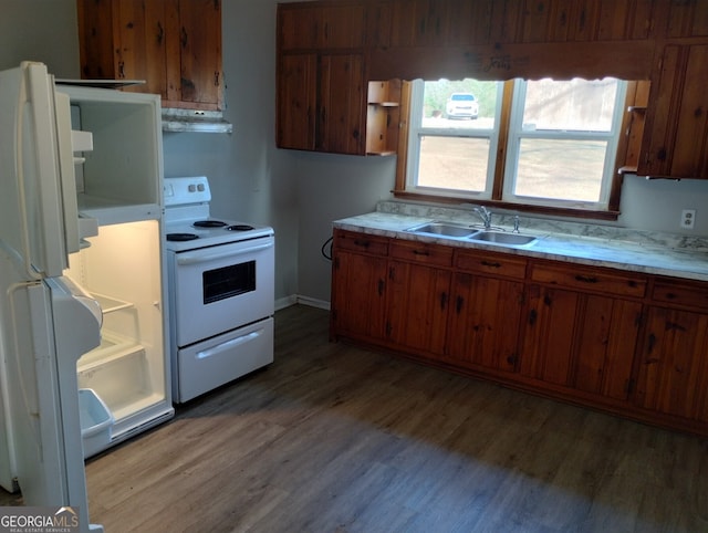 kitchen featuring light hardwood / wood-style floors, white appliances, and sink