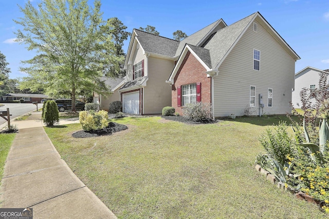 view of home's exterior with a garage and a lawn